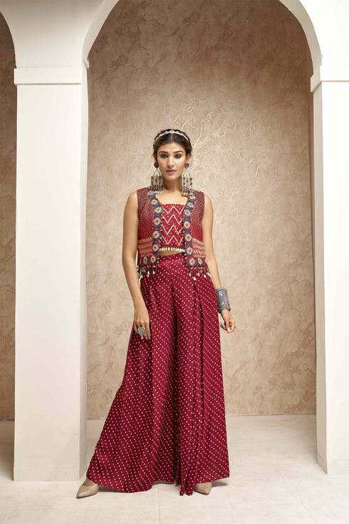 Embroidered Jackets with Crop Top and Palazzo Pants