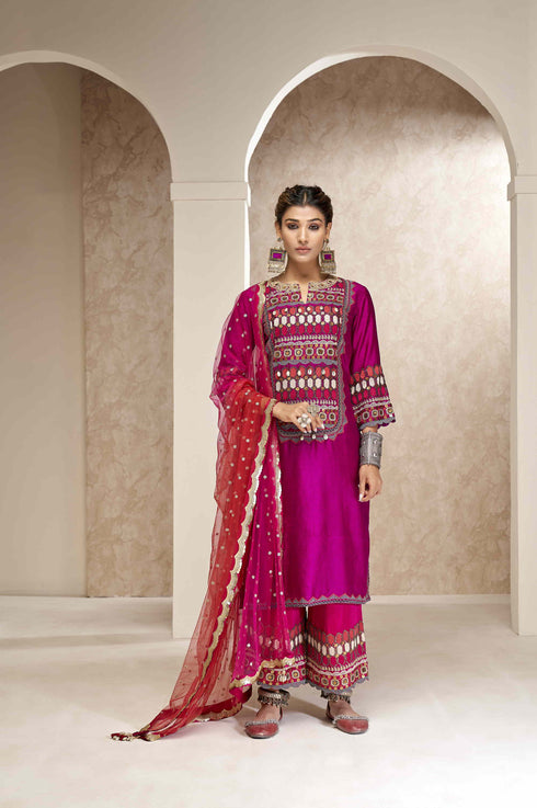 Cotton Silk Tunic with Straight Pants and Shaded Dupatta