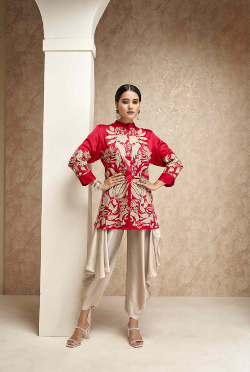 Embroidered Long Shirt with Dhoti Pants