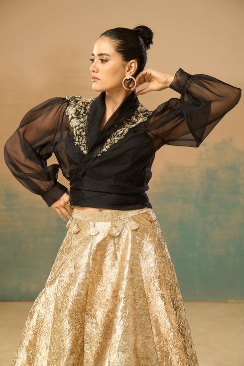 Embroidered collar top & skirt