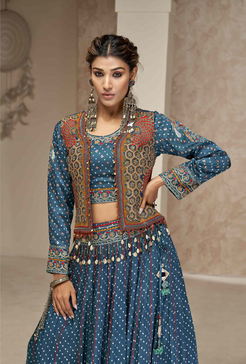 32-Kali Skirt with Full Sleeve Blouse and Embroidered Jacket