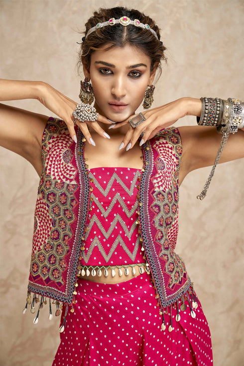 Embroidered Jackets with Crop Top and Palazzo Pants