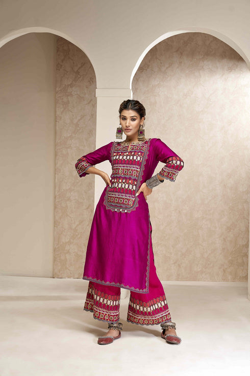 Cotton Silk Tunic with Straight Pants and Shaded Dupatta