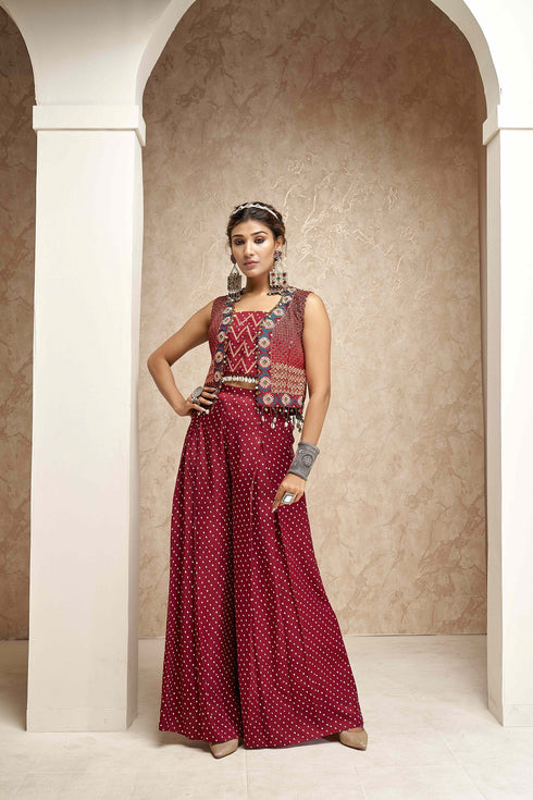 Embroidered Jackets with Crop Top and Palazzo Pants