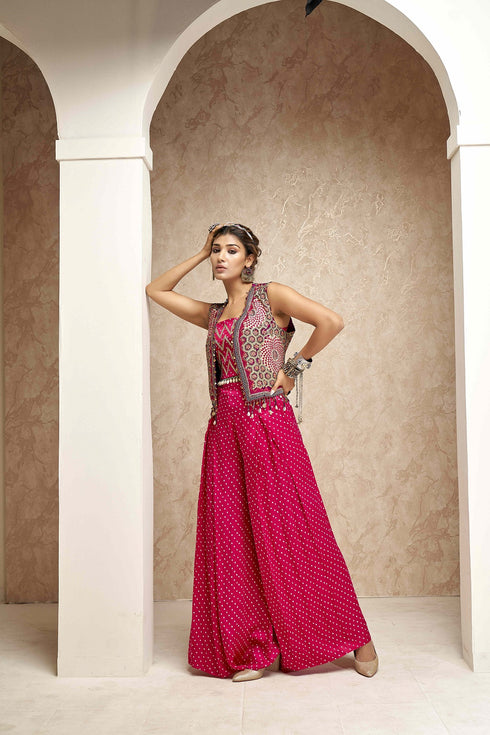 Embroidered Jackets with Crop Top and Palazzo Pants