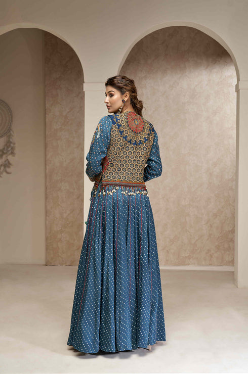 32-Kali Skirt with Full Sleeve Blouse and Embroidered Jacket