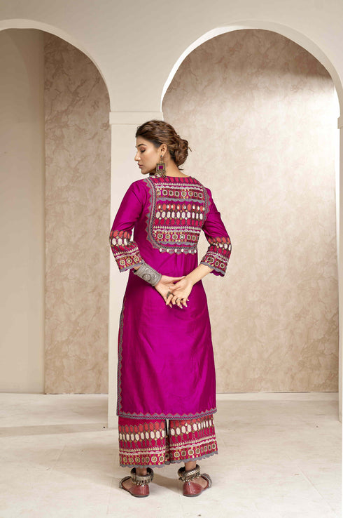 Cotton Silk Tunic with Straight Pants and Shaded Dupatta