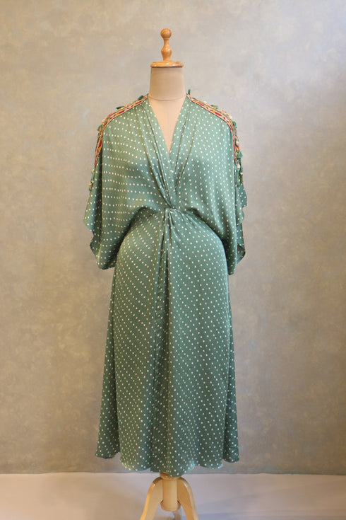 Olive Green Bandhej Kaftan With Knot