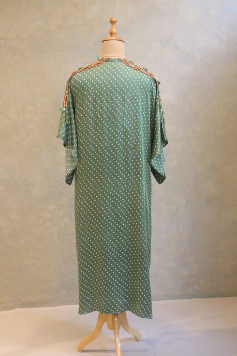 Olive Green Bandhej Kaftan With Knot