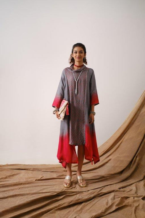 Grey Ombre Bandhni Cowl Neck Tunic