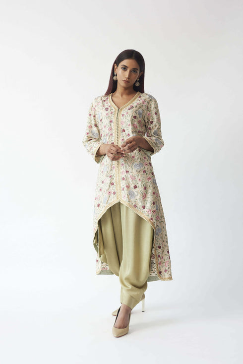 Embroidered High-Low Kurti With Dhoti