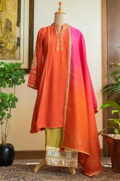 Coral A-line Kurta With Olive Ijaar & Shaded Badla Dupatta