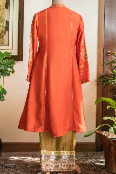 Coral A-line Kurta With Olive Ijaar & Shaded Badla Dupatta
