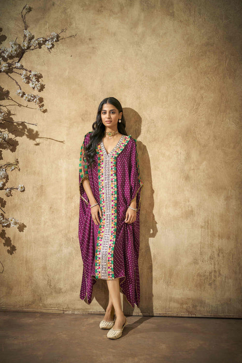 Wine Bandhani Kaftan
