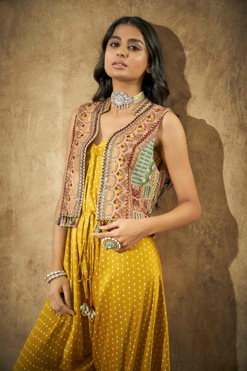 Yellow Beaded Jacket with yellow Bandhani Jumpsuit