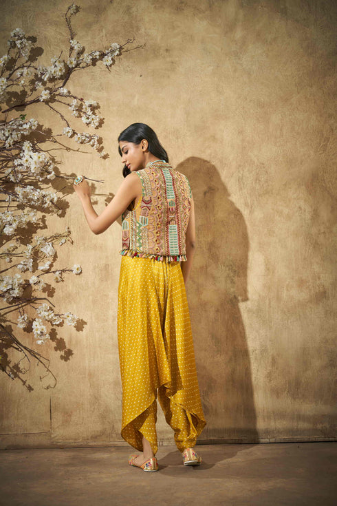 Yellow Beaded Jacket with yellow Bandhani Jumpsuit