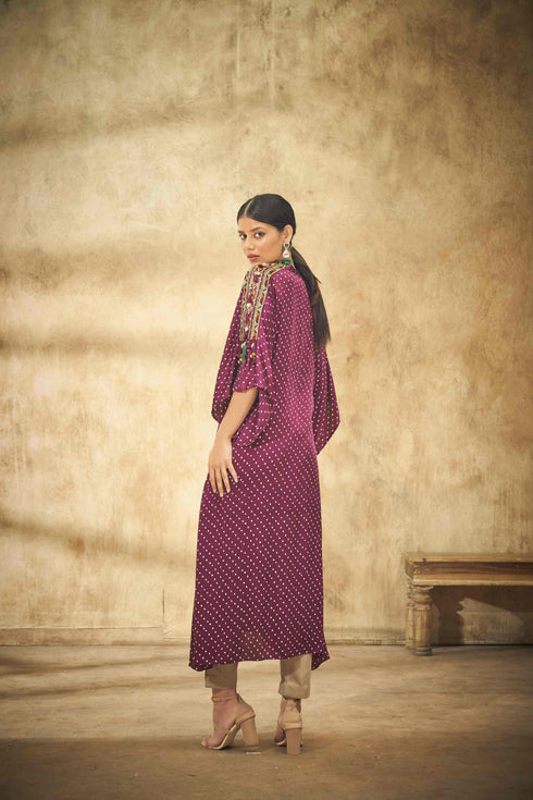 Wine Bandhani Waist Knot tyeup with Shoulder