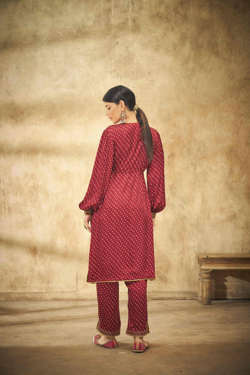 Maroon Bandhani Tunic Set with Yoke