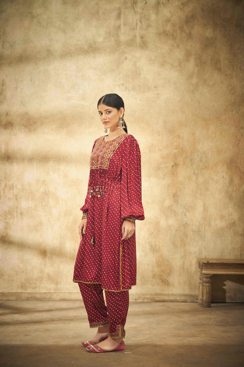 Maroon Bandhani Tunic Set with Yoke