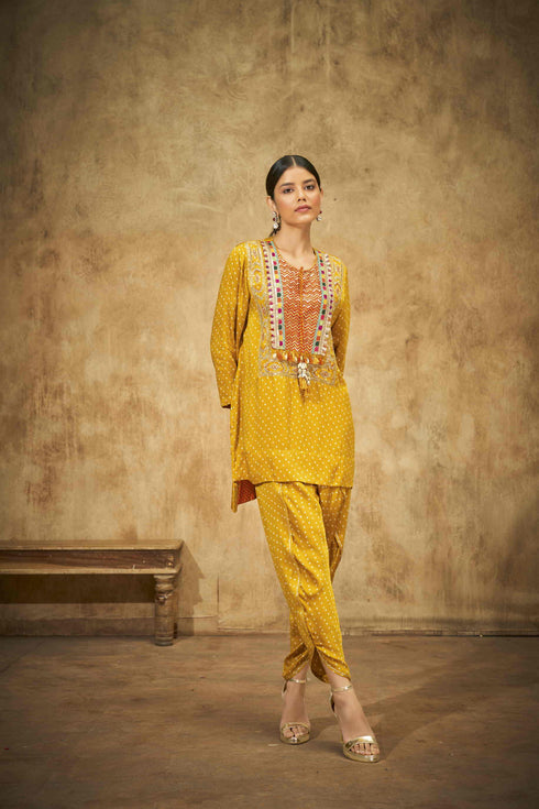 Yellow Bandhani Short Kurtee with long Yoke