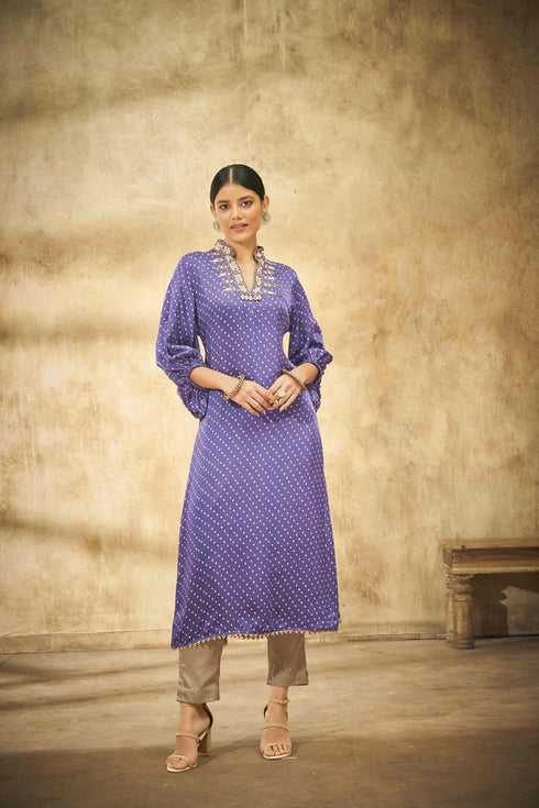 Purple Bandhani Tunic With Collar