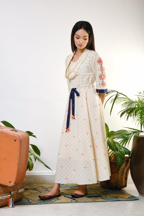 Off-white checked tunic with mirror-thread geometric embroidery