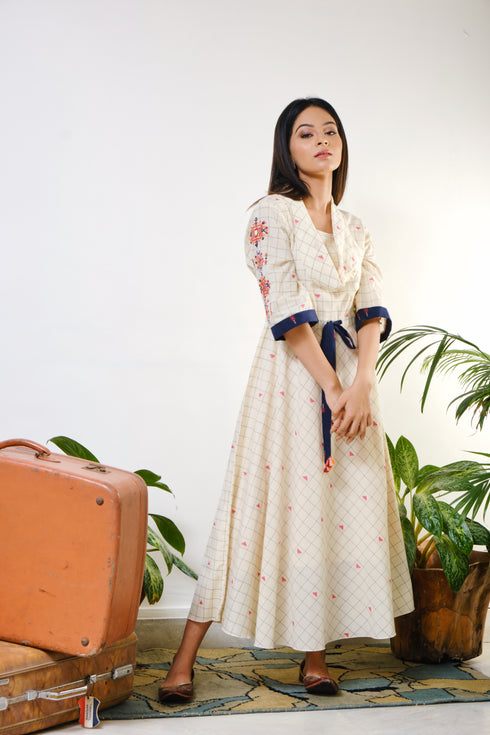 Off-white checked tunic with mirror-thread geometric embroidery