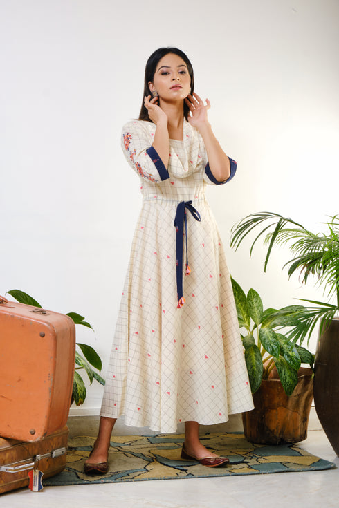 Off-white checked tunic with mirror-thread geometric embroidery