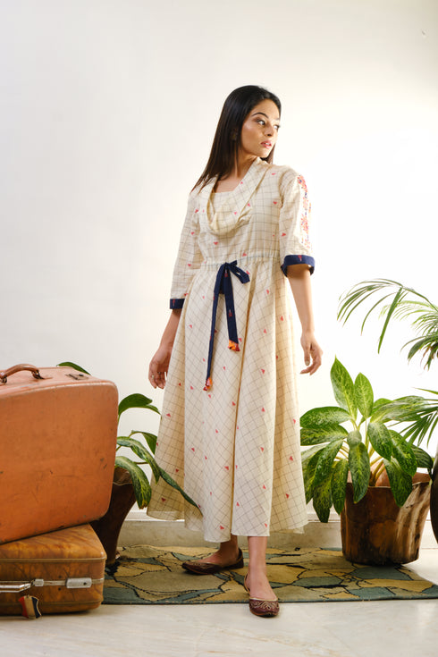 Off-white checked tunic with mirror-thread geometric embroidery