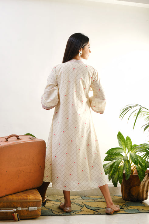 Off-white checked tunic with one side embroidered yoke