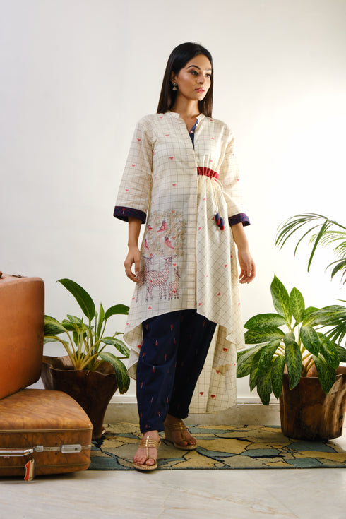 Off-white checked embroidered Tunic with one side tie-up