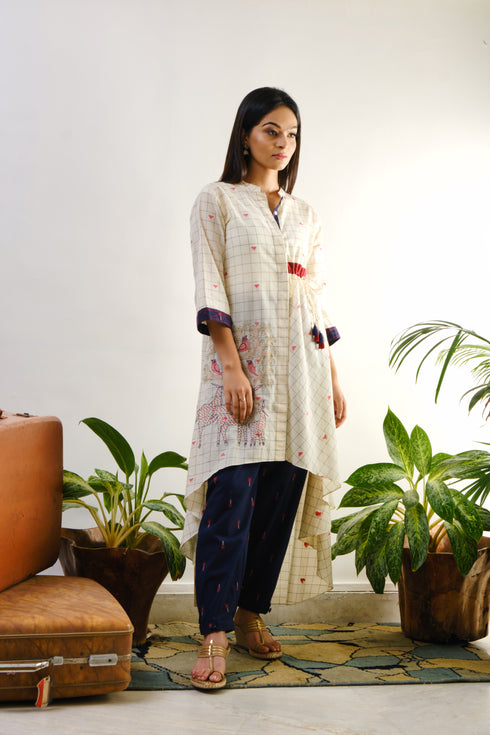 Off-white checked embroidered Tunic with one side tie-up