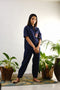 Blue shirt with crop pant with mirror embroidery with shells