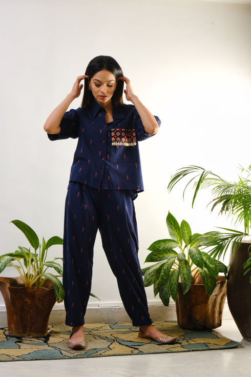 Blue shirt with crop pant with mirror embroidery with shells