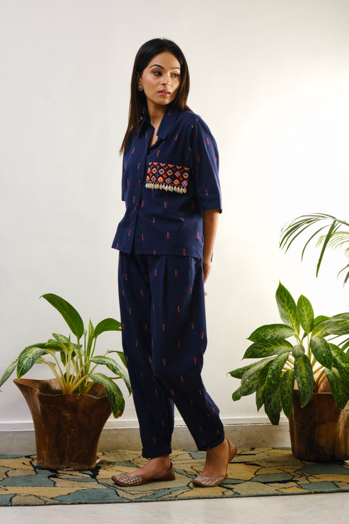 Blue shirt with crop pant with mirror embroidery with shells