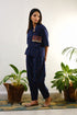 Blue shirt with crop pant with mirror embroidery with shells