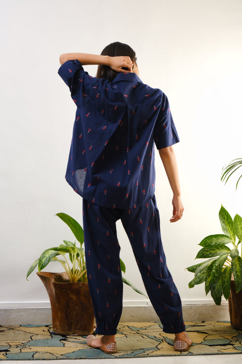 Blue shirt with crop pant with mirror embroidery with shells