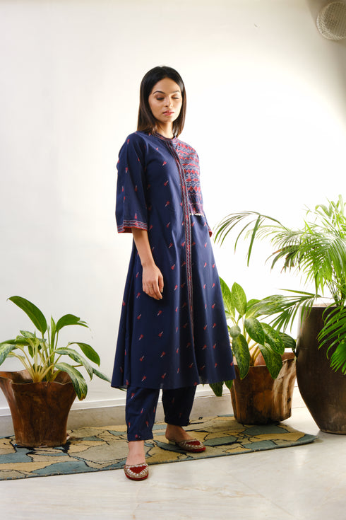Blue tunic with one side embroidered yoke in ari on chinese collar
