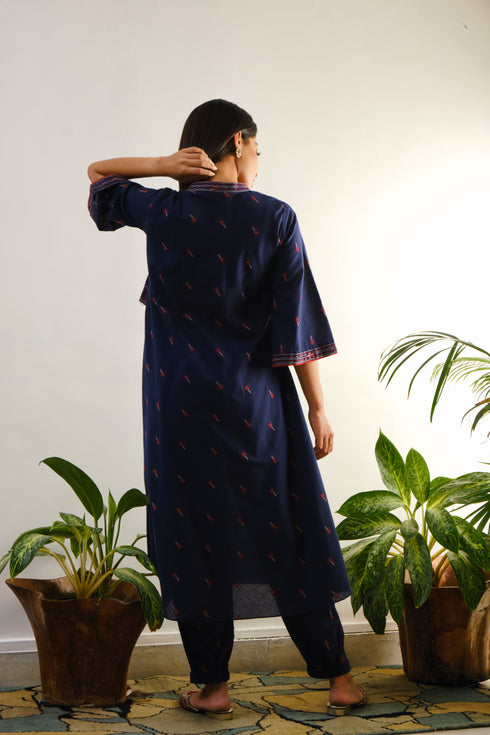Blue tunic with one side embroidered yoke in ari on chinese collar