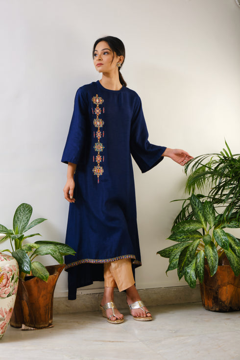 Blue High-low embroidered Tunic geometric embroidery in combination of mirror & thread