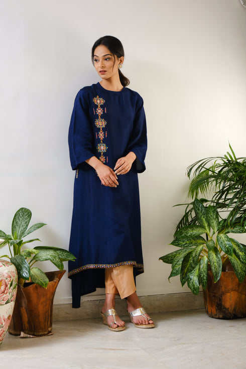 Blue High-low embroidered Tunic geometric embroidery in combination of mirror & thread