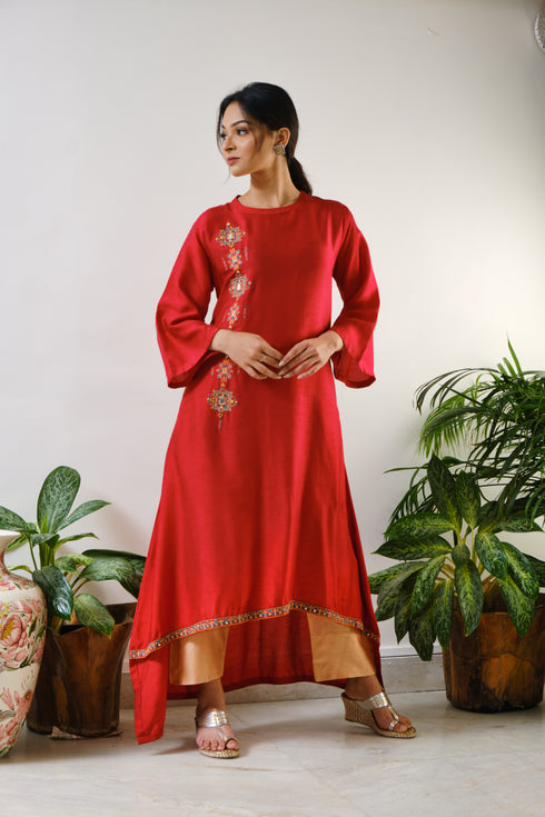 Red High-low embroidered Tunic with combination of mirror & thread