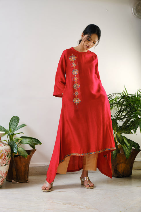 Red High-low embroidered Tunic with combination of mirror & thread