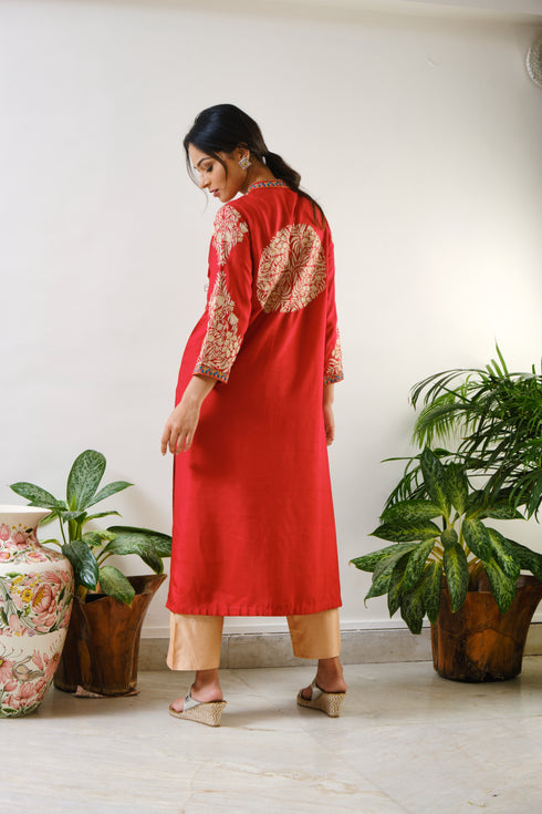 Red embroidered jacket with ari-mirror embroidery