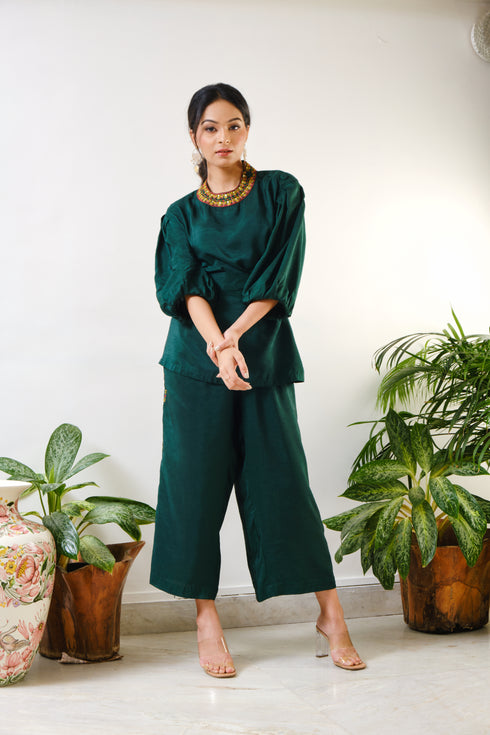 Dark Green Top & Embroidered Crop Pant with geometric mirror & thread