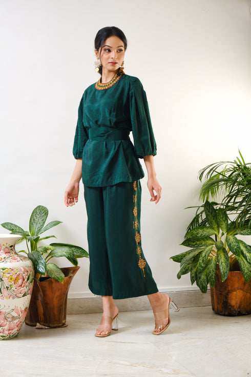 Dark Green Top & Embroidered Crop Pant with geometric mirror & thread