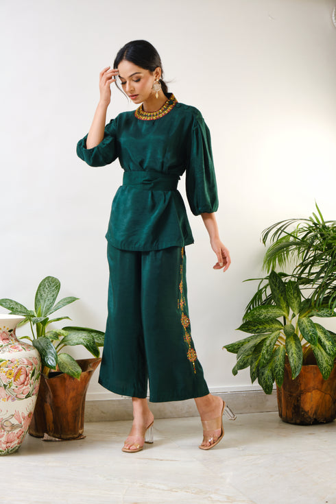 Dark Green Top & Embroidered Crop Pant with geometric mirror & thread