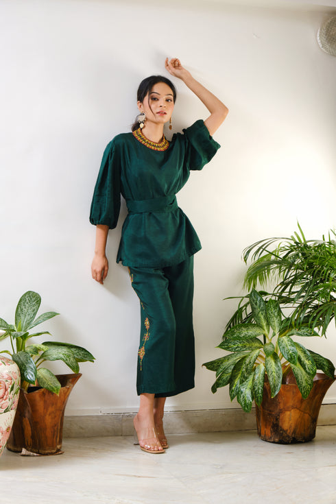Dark Green Top & Embroidered Crop Pant with geometric mirror & thread