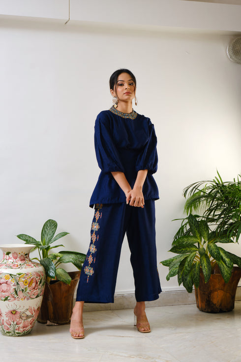 Navy Top with embroidered Crop pant with geometric mirror & thread embroidery