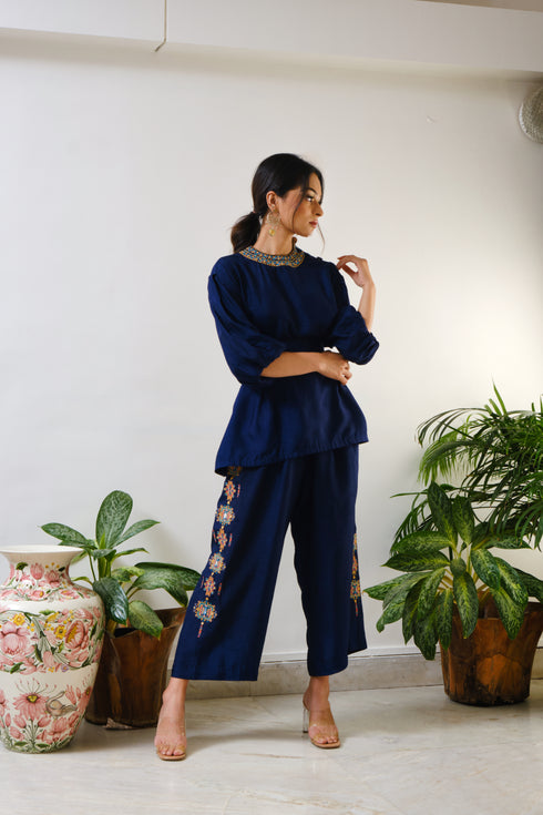 Navy Top with embroidered Crop pant with geometric mirror & thread embroidery